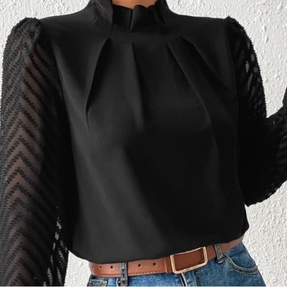 Tops - Chic Black Blouse with Sheer Sleeves Textured Black Top $10